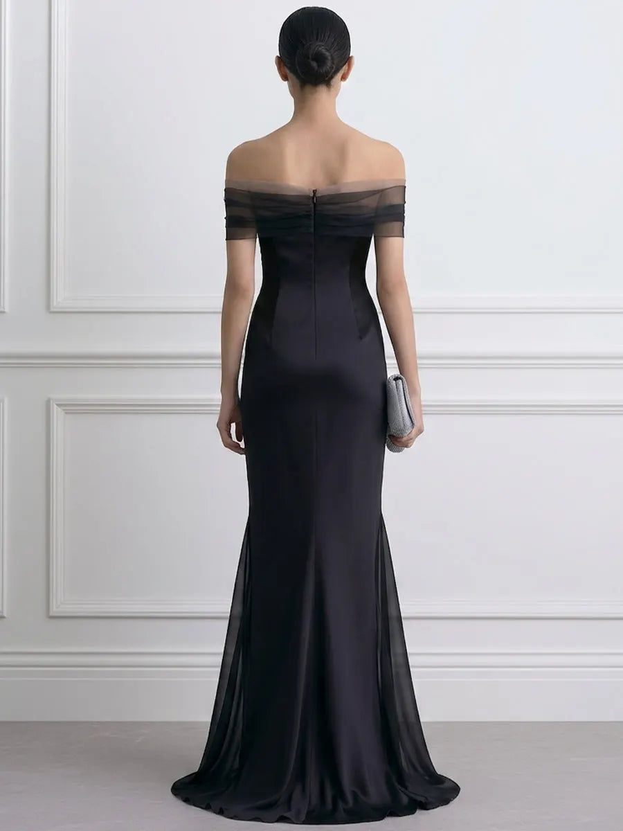 Off Shoulder Tulle Trim Satin Mermaid Evening Gown