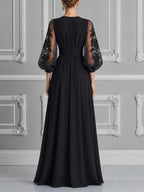 Black Embroidered Mesh Dress Fall Wedding Guest Dress Sheer Sleeve Maxi Dress