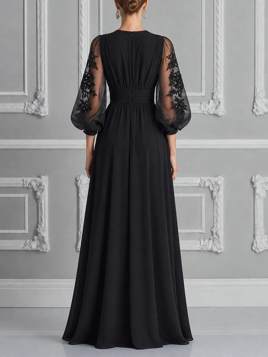 Black Embroidered Mesh Dress Fall Wedding Guest Dress Sheer Sleeve Maxi Dress