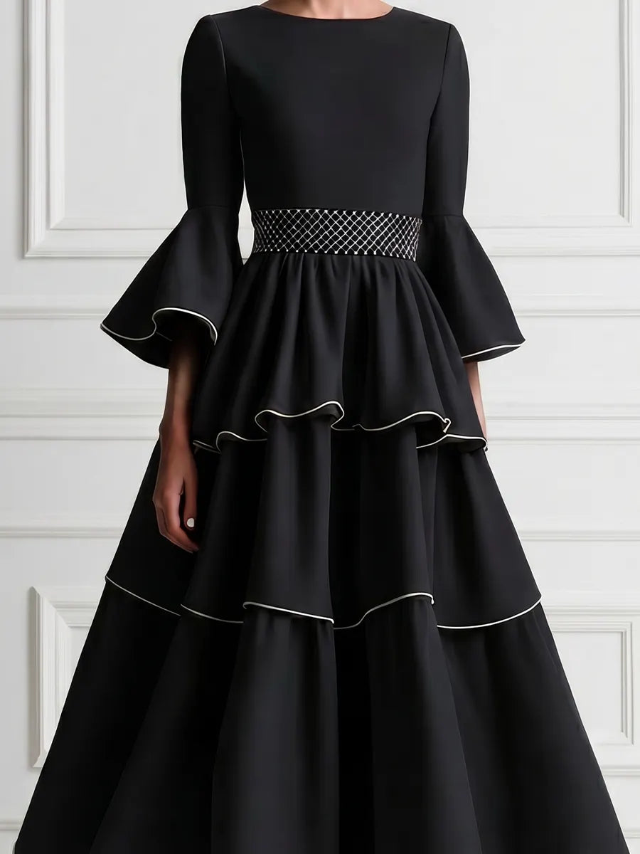 Black A-Line Maxi Dress With Crew Neck And Flared Sleeves
