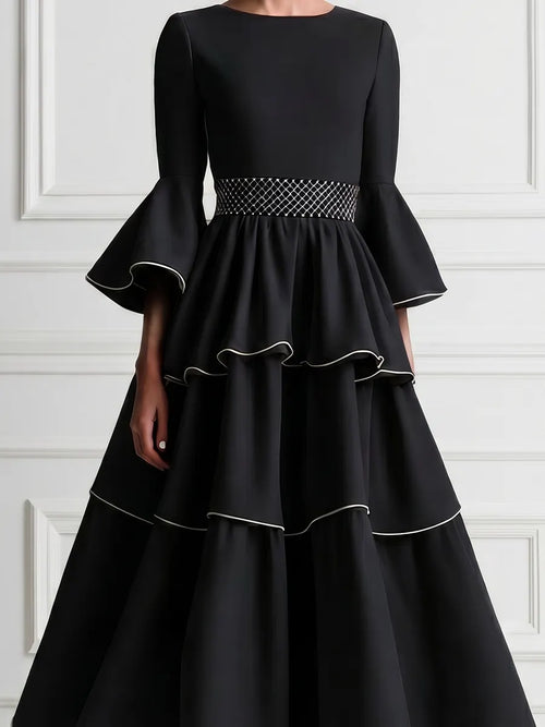 Black A-Line Maxi Dress With Crew Neck And Flared Sleeves
