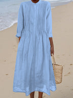 Women's Pleated Cotton and Ramie Long-sleeved Dress