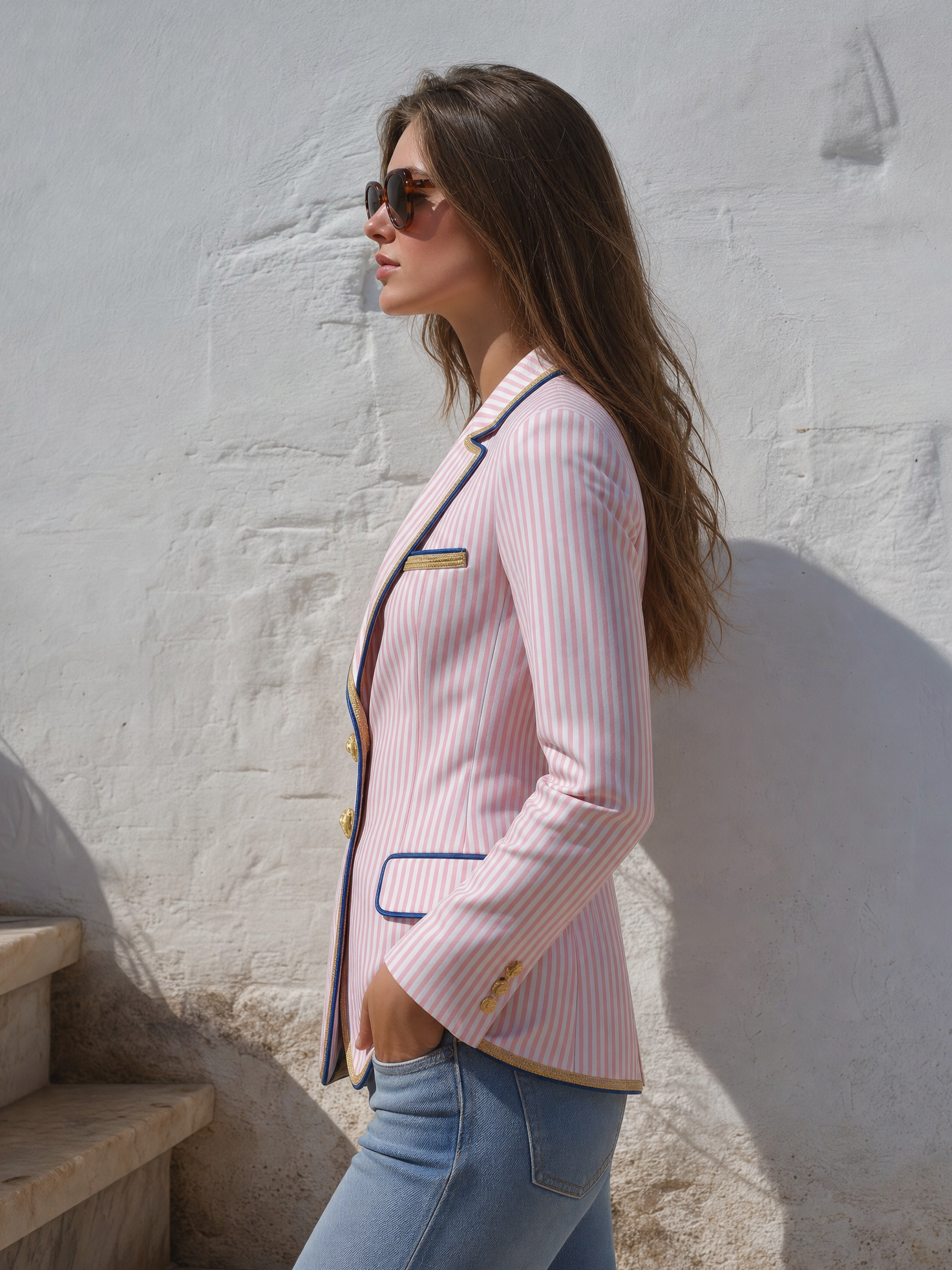 Classic Retro Striped Multi-pocket Blazer
