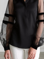 Pointed Collar Sheer Striped Mesh Balloon Sleeve Half-Placket Blouse