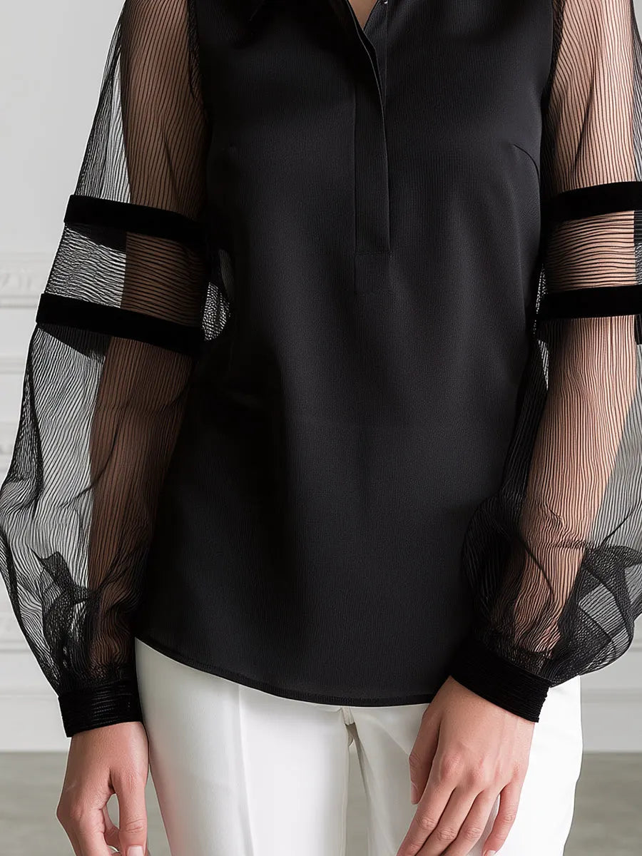 Pointed Collar Sheer Striped Mesh Balloon Sleeve Half-Placket Blouse