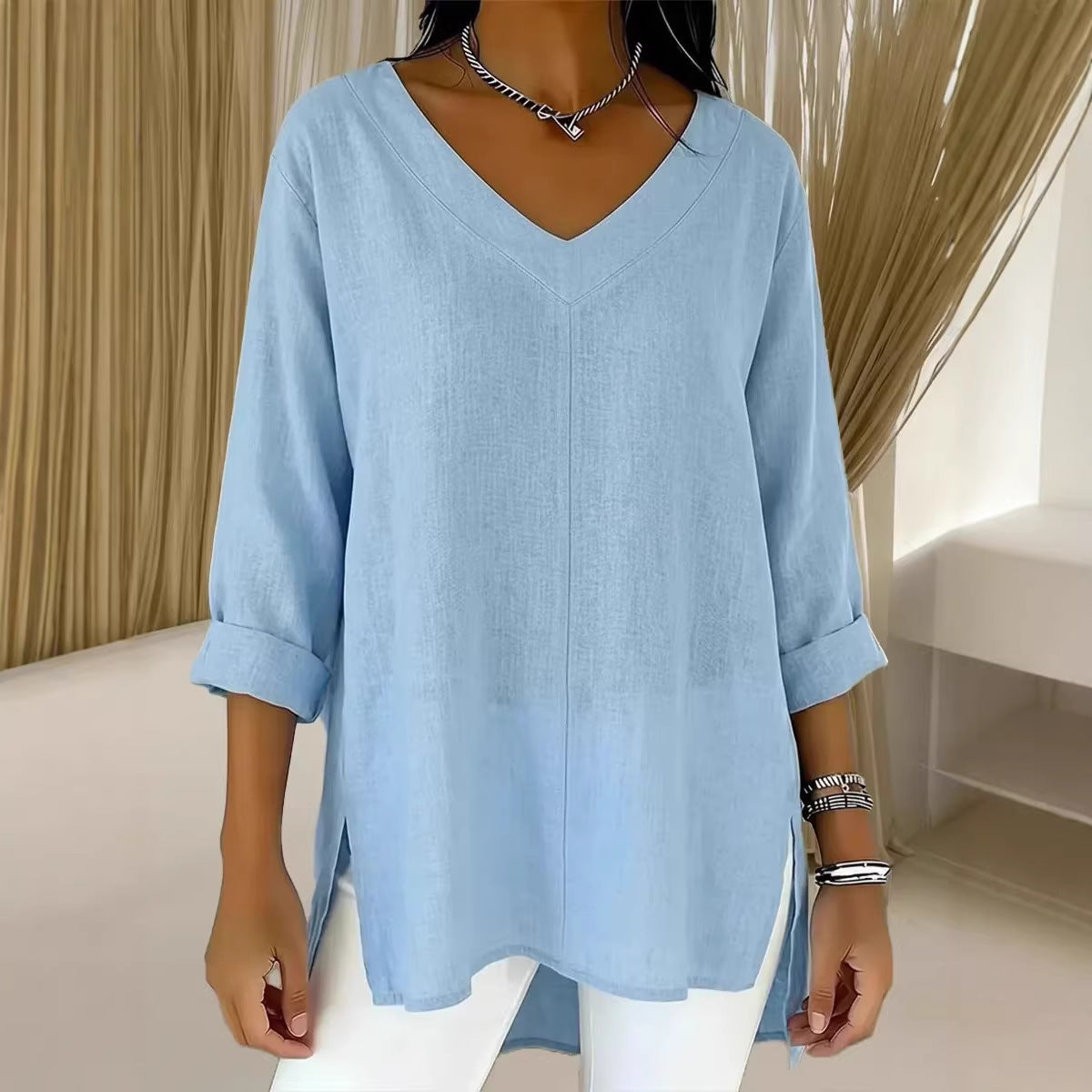 Casual Women's Fashion Solid-Color V-Neck Loose-Fit Top