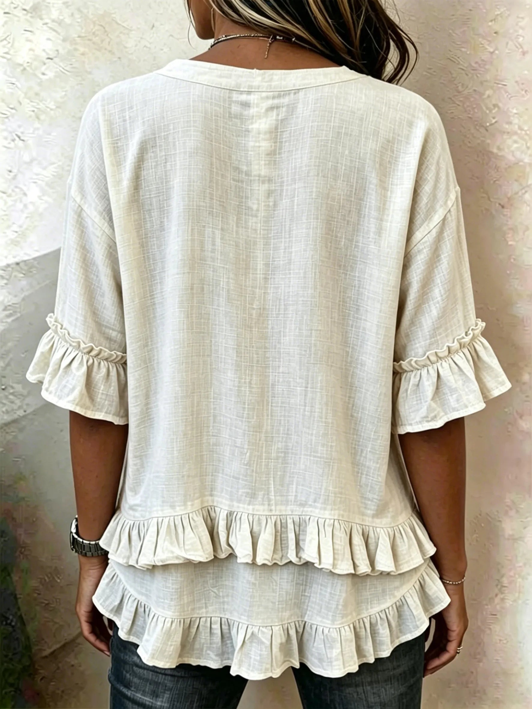 Retro Floral Embroidered V-neck Ruffled Loose-fit Shirt
