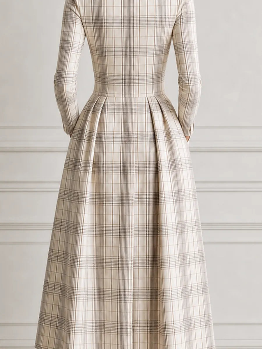 Ivory Plaid Square Neck Long Sleeve Pleated A-Line Midi Dress