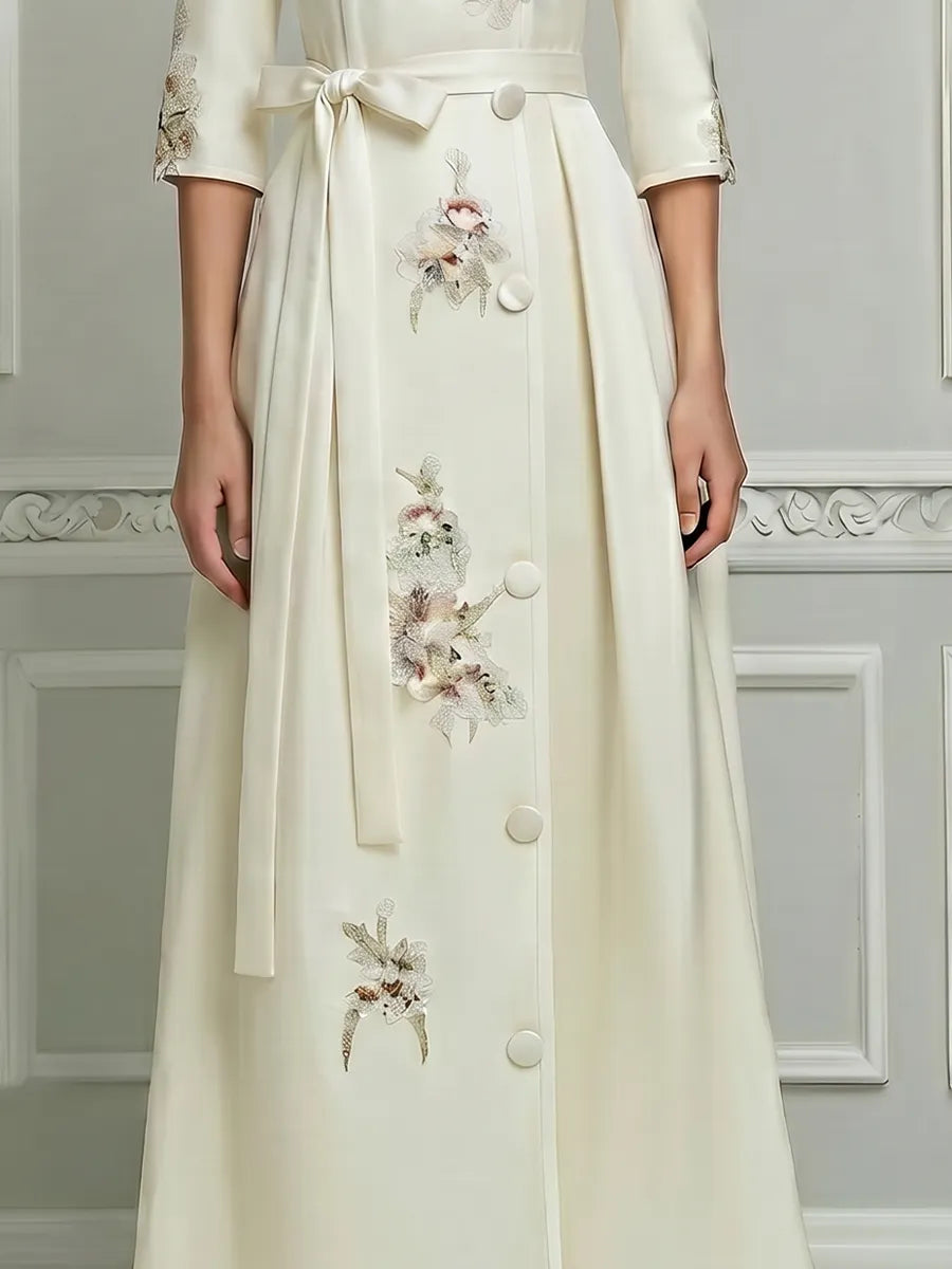 White A-Line Maxi Dress With Mandarin Collar