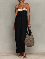 Women's Minimalist Linen-Blend Lace-Paneled Strapless With Spaghetti Straps Maxi Dress MDZ1926C9Y