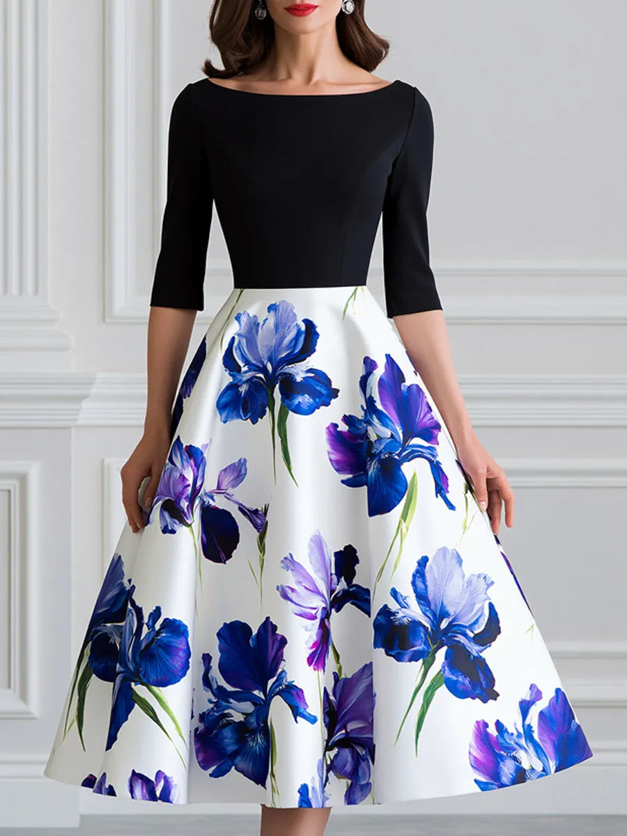 Black Color Block Watercolor Iris Print A-Line Midi Dress