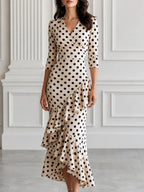 Polka Dot Wrap Asymmetrical Ruffle Midi Dress