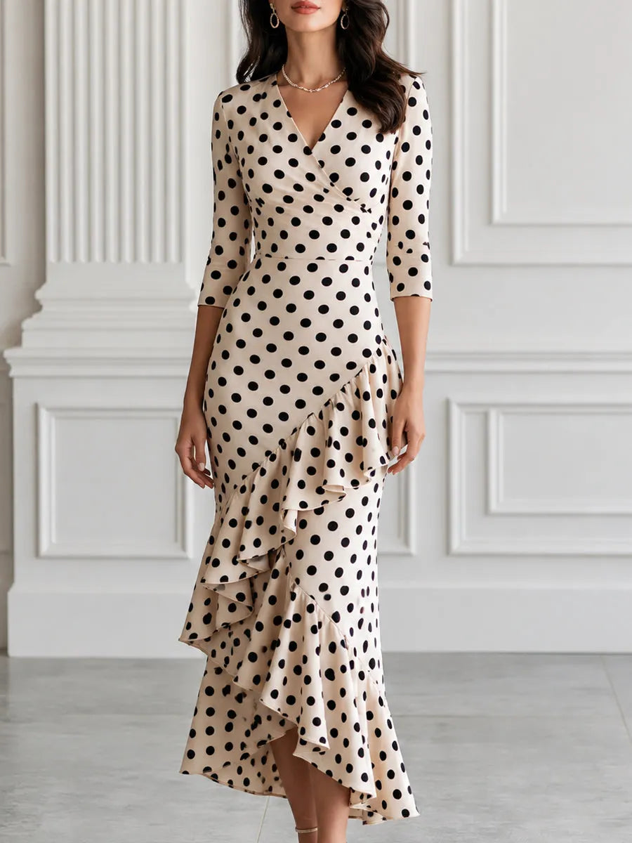 Polka Dot Wrap Asymmetrical Ruffle Midi Dress