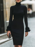 Lace Trim Ruffled Cuff Turtleneck Knit Sweater Dress