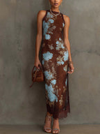 Elegant Slim-fit Dress With Lace Splicing And Floral Print