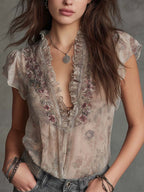 Vintage Floral Printed Ruffled Lace Trim Sheer Chiffon Blouse With Neckline Embroidery