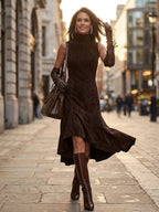 Sleeveless Mock Neck Suede Asymmetric Hem Midi Dress