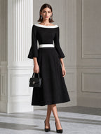 Color-Block Bateau Neck Bell Sleeve A-Line Midi Dress
