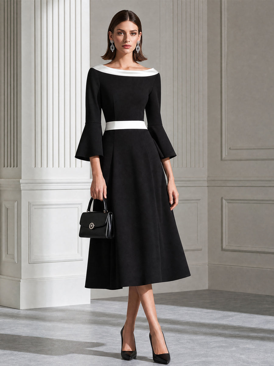 Color-Block Bateau Neck Bell Sleeve A-Line Midi Dress