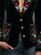 Velvet Blazer With Colorful Floral Embroidery