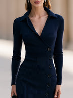 Ribbed Wrap Button-Front Knit Midi Dress