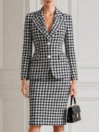 Black White Houndstooth Blazer & Pencil Skirt Business Suit