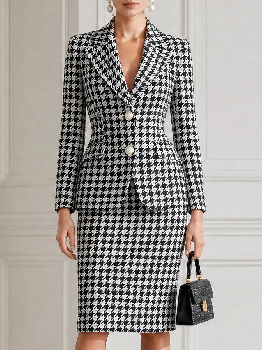 Black White Houndstooth Blazer & Pencil Skirt Business Suit