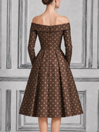 Brown Polka Dot Dress Fall Wedding Guest Dress Off Shoulder A-Line Midi Dress