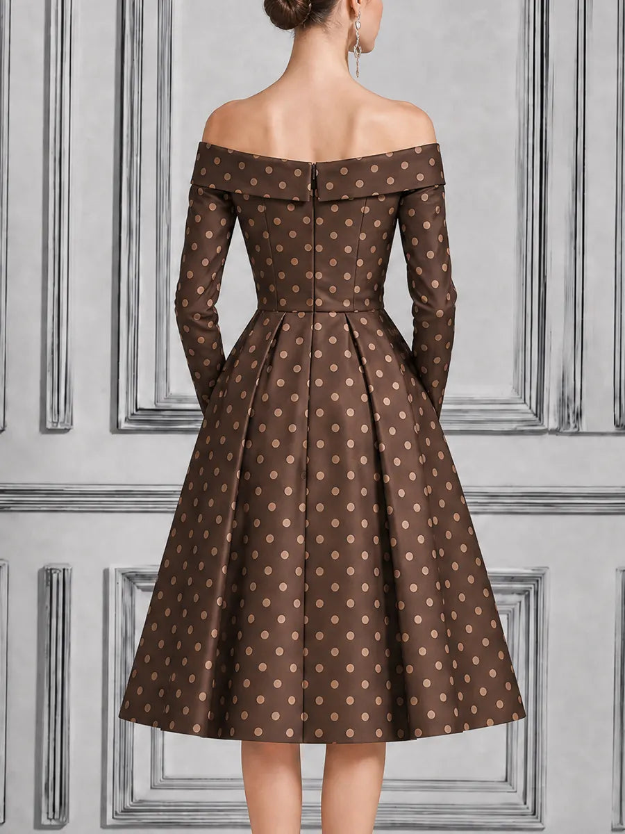 Brown Polka Dot Dress Fall Wedding Guest Dress Off Shoulder A-Line Midi Dress
