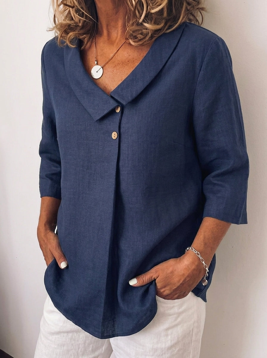Women's Casual Linen Asymmetric Collar Inverted Pleat Top