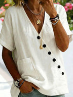 Women's Solid Color V-neck Button Pocket Linen Blend T-shirt