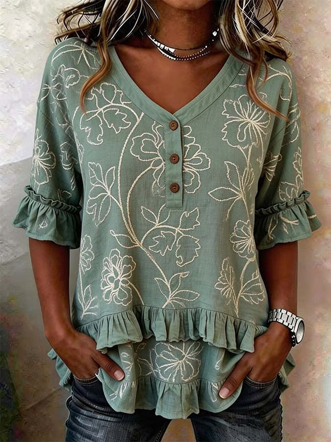 Retro Floral Embroidered Ruffled V-neck Blouse