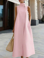 Women's Solid Color Stand Collar Sleeveless Casual Loose Cotton Linen Dress