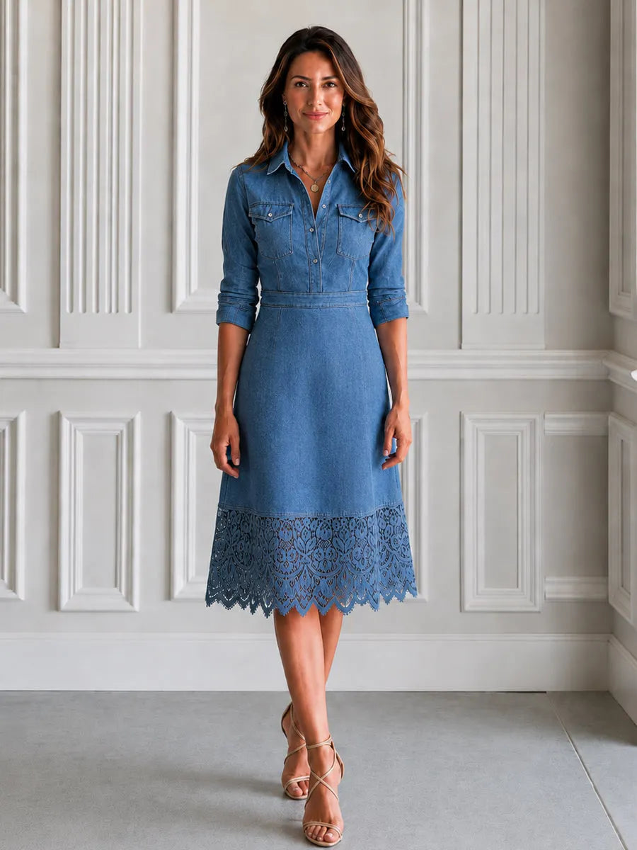 Elegant Waist Fitting Lace Hem Cutwork Denim Shirt Dress