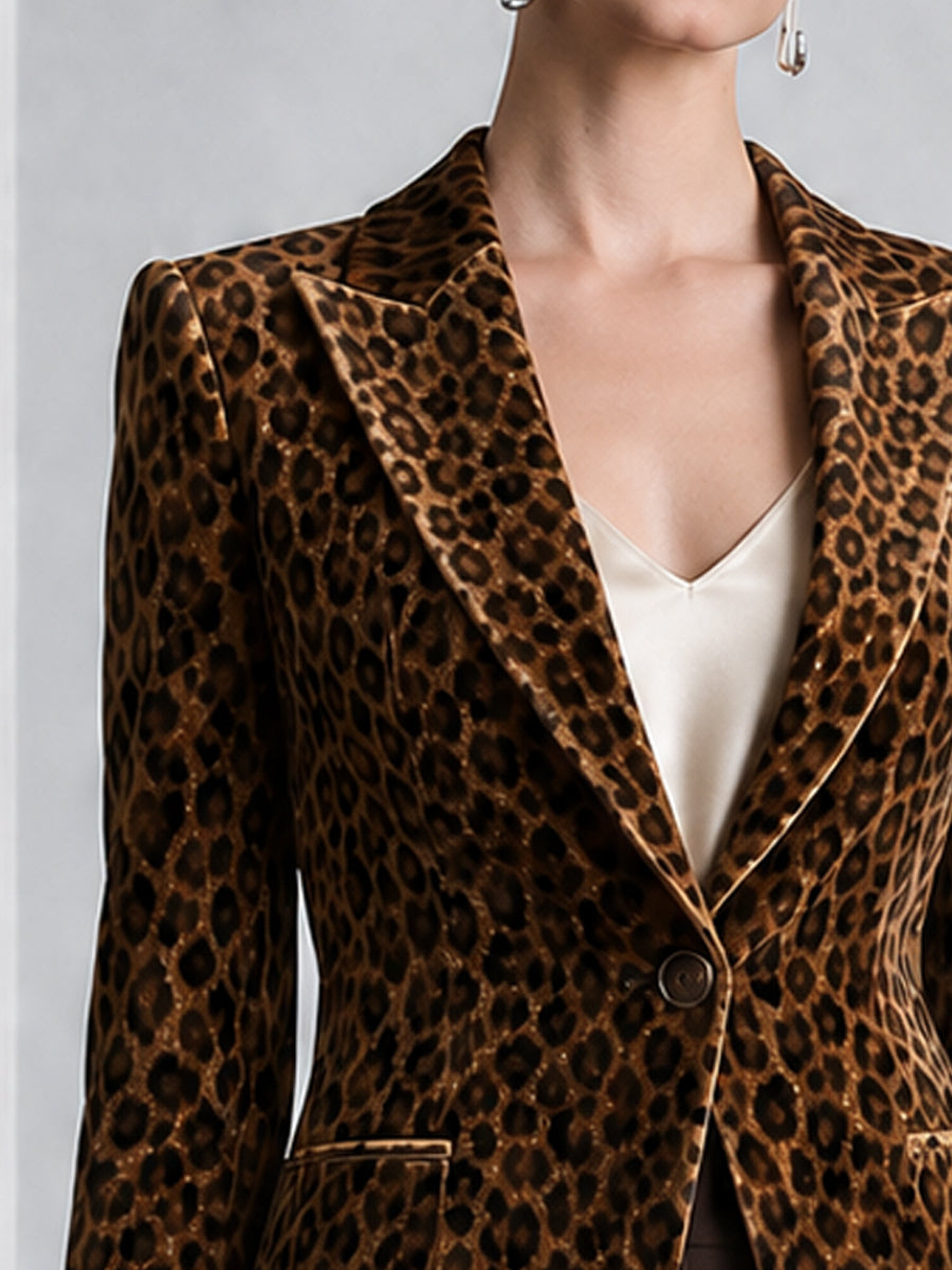 Leopard Print Velvet Single-Button Tailored Blazer