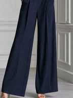 Pinstripe Half-Zip Top And Wide-Leg Pants Set