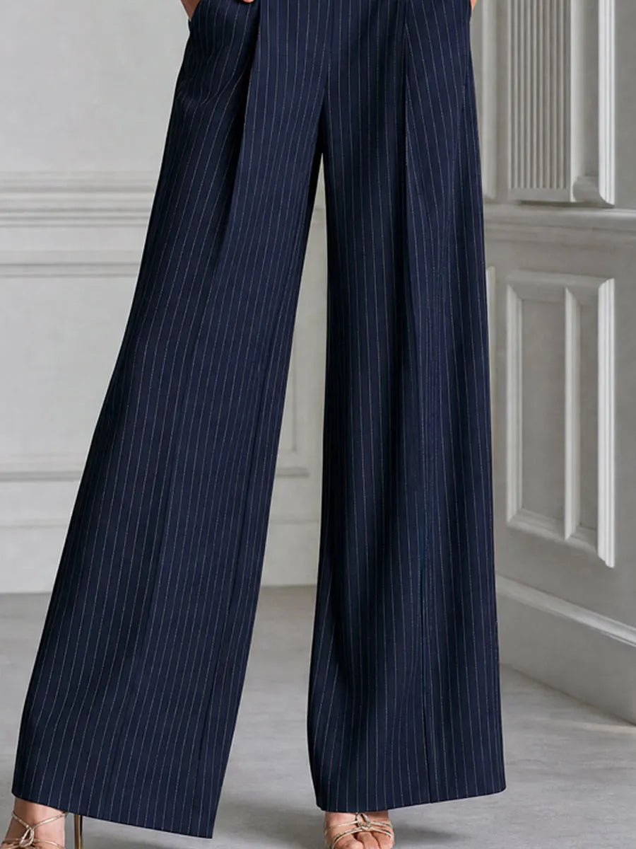 Pinstripe Half-Zip Top And Wide-Leg Pants Set