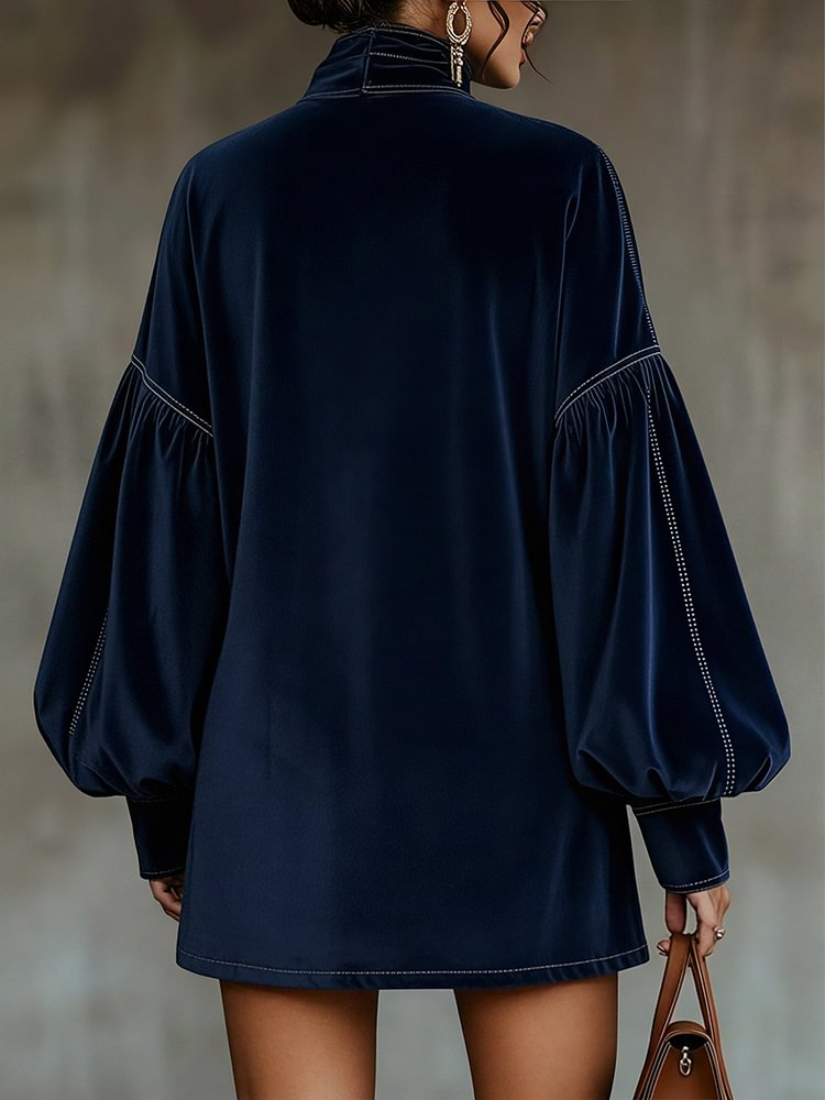 Dark Blue Velvet Bow Lantern Sleeve Mini Dress