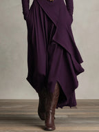Women's Purple Bohemian Cotton Stretch Turtleneck Asymmetrical Draped Maxi Dress