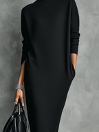 Women's Elegant Black Knitted Turtleneck Long-sleeved Loose-fitting Maxi Dress With No Pockets