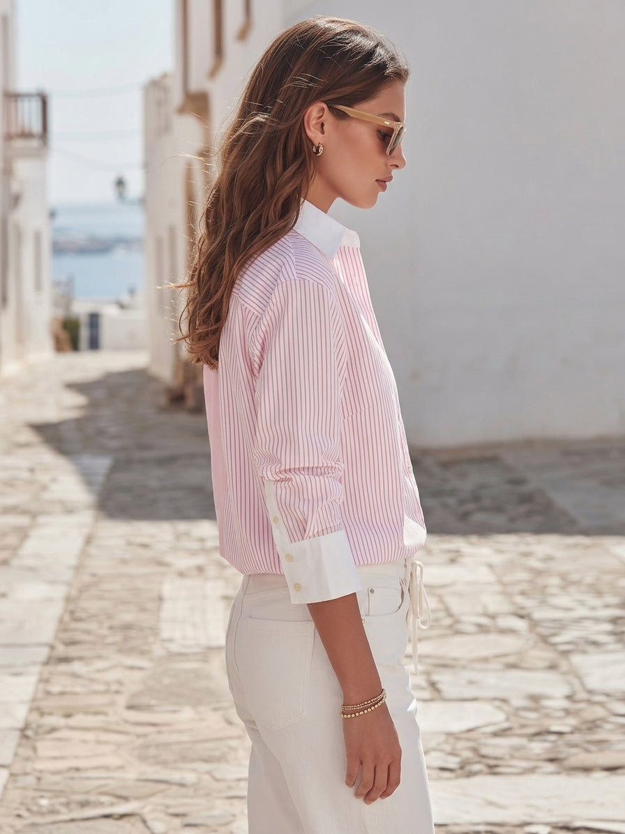 Capri Vibe Pastel Pink Patchwork Stripe Oversized Blouse