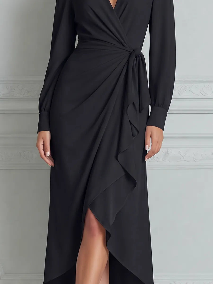 Black Dress Fall Wedding Guest Dress Wrap Ruffle Midi Dress