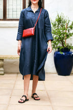 Women's Elegant A-Line Dress with Three-Quarter Sleeves & Practical Pockets