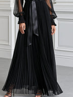 Pleated Sheer Long Sleeve Satin Belt Maxi Evening Dress