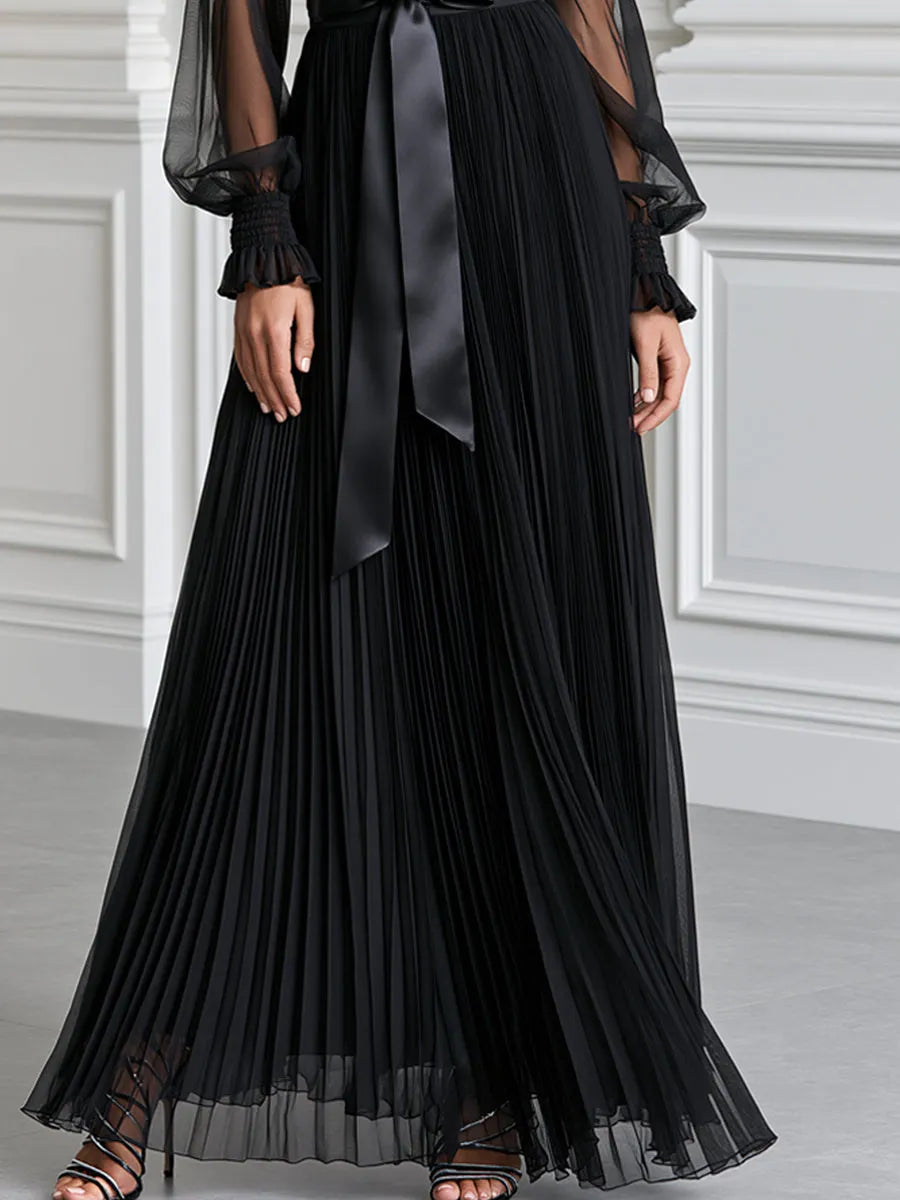 Pleated Sheer Long Sleeve Satin Belt Maxi Evening Dress
