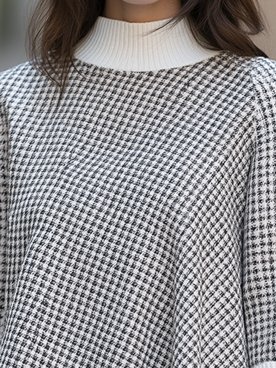Houndstooth Spliced Knit Sweater Asymmetric Hem Mock Neck Batwing Top