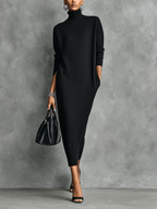 Women's Elegant Black Knitted Turtleneck Long-sleeved Loose-fitting Maxi Dress With No Pockets
