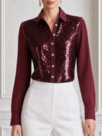 Burgundy Sequin-Front Button-Up Satin Sleeves Shirt