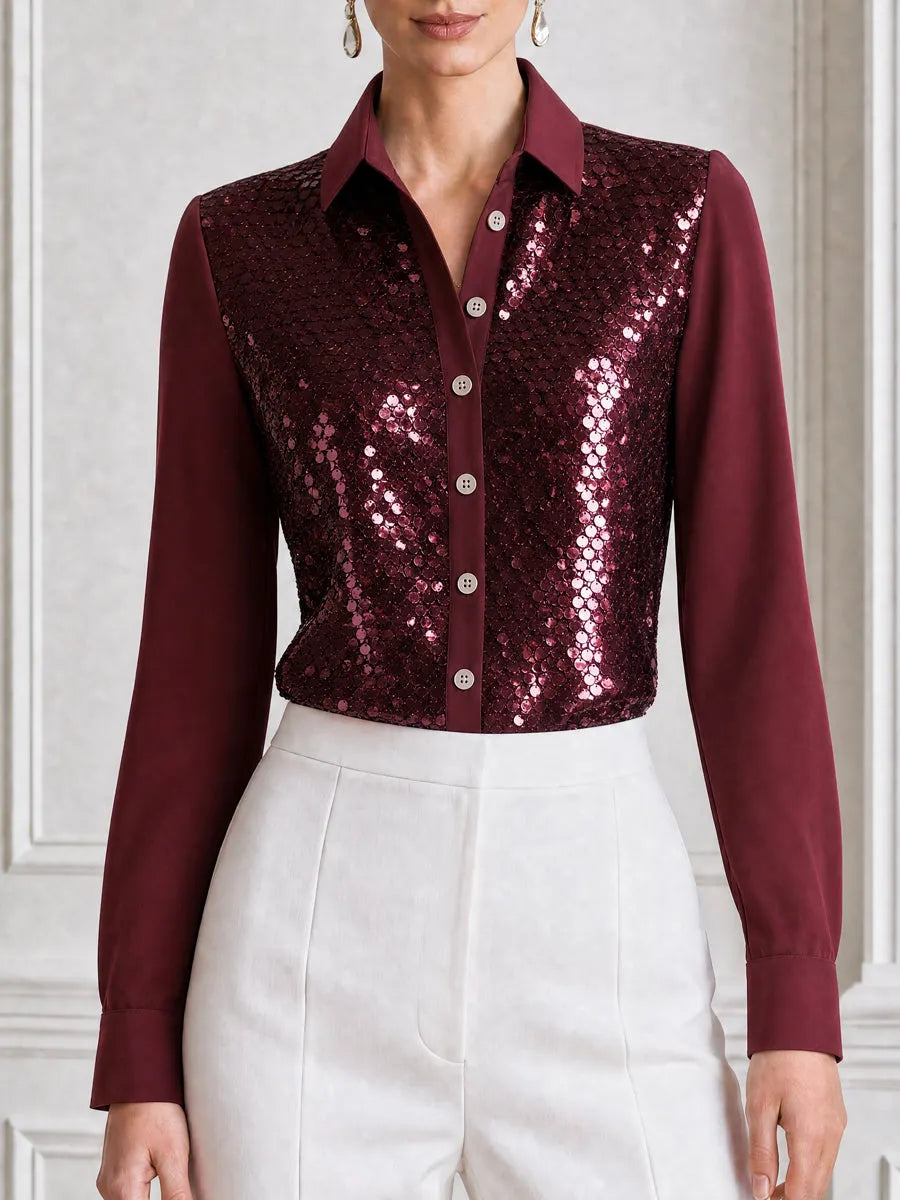Burgundy Sequin-Front Button-Up Satin Sleeves Shirt