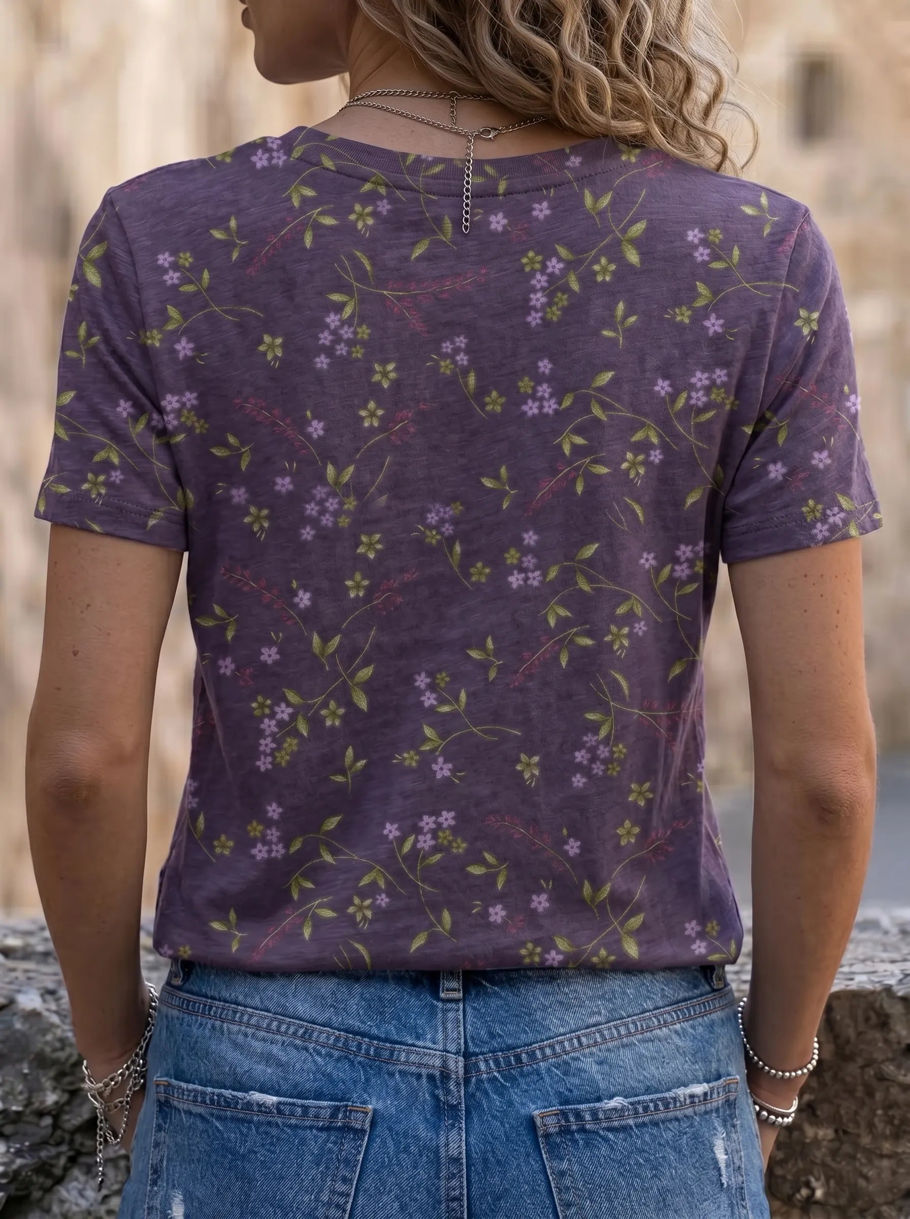Purple Floral Print Artistic Print Round-neck Short-sleeve Slim-fit T-shirt